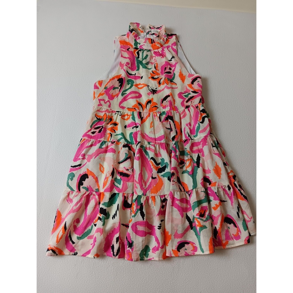 Pantsstore Dress Womens XS Multicolor Trapeze Swing Sundress High‎ Neck Ruffle